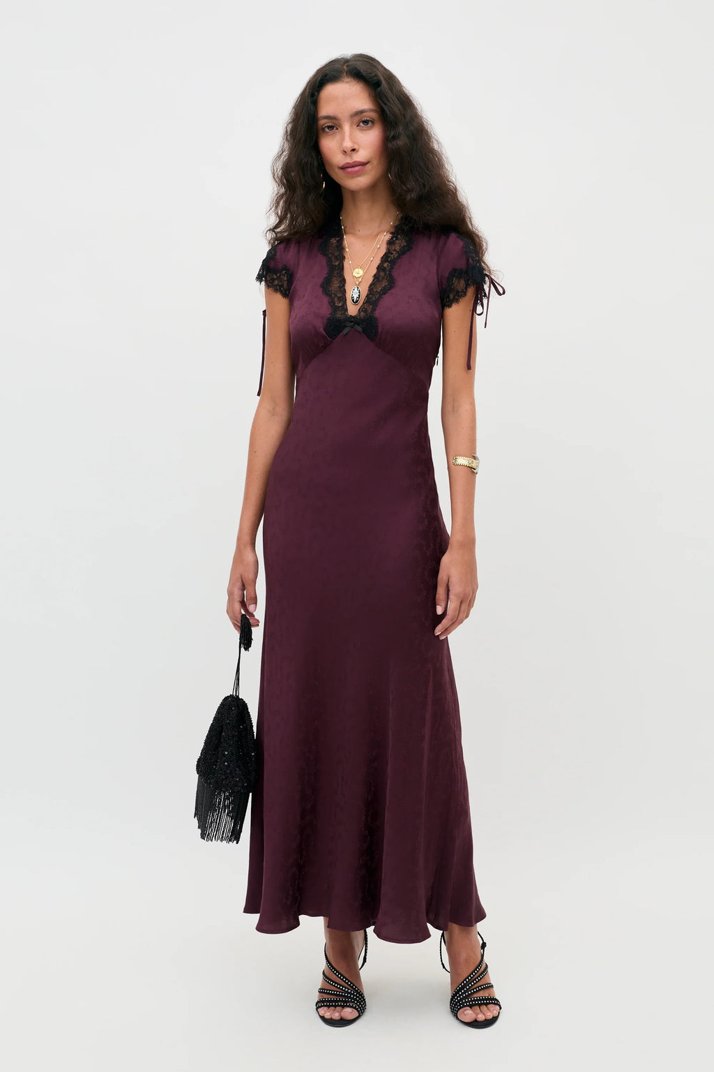 RIXO Fern Dress in Floral Trail Jacquard Wine