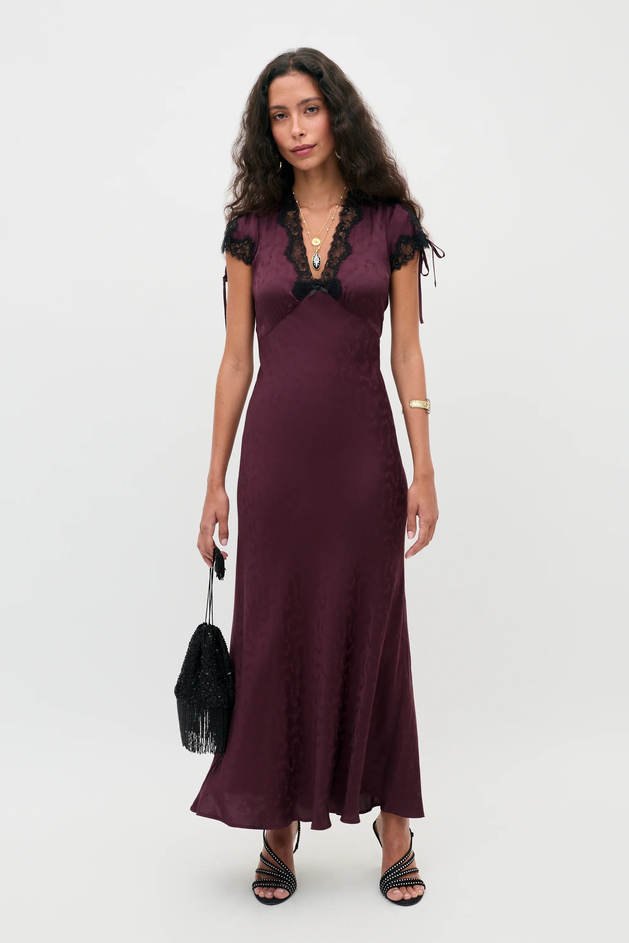 RIXO Fern Dress in Floral Trail Jacquard Wine