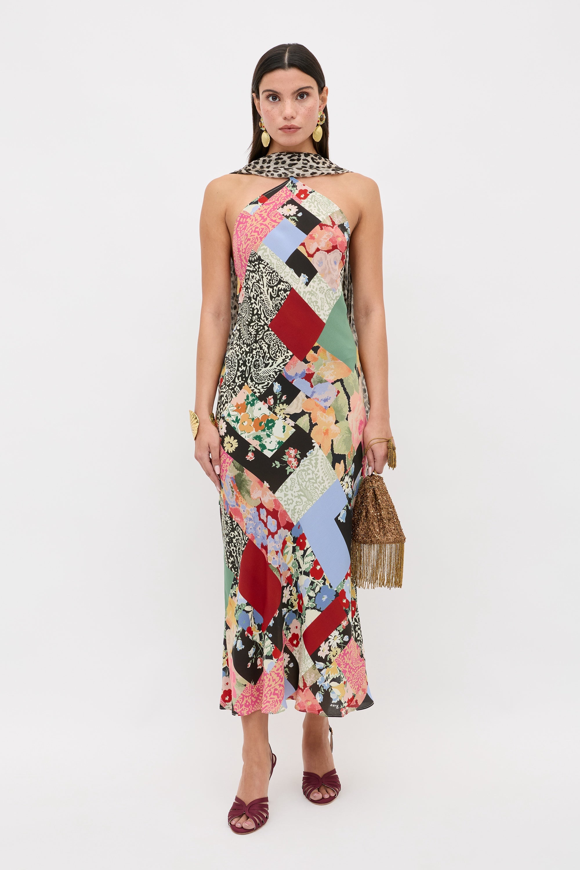 Rixo Hayley Silk Dress in Nina Patchwork Mix Multi