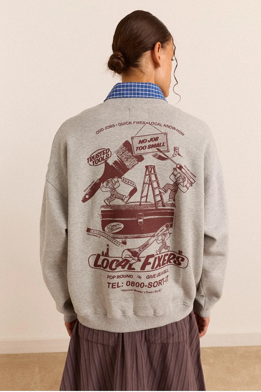 Damson Madder Local Fixers Graphic Sweat in Grey Marl