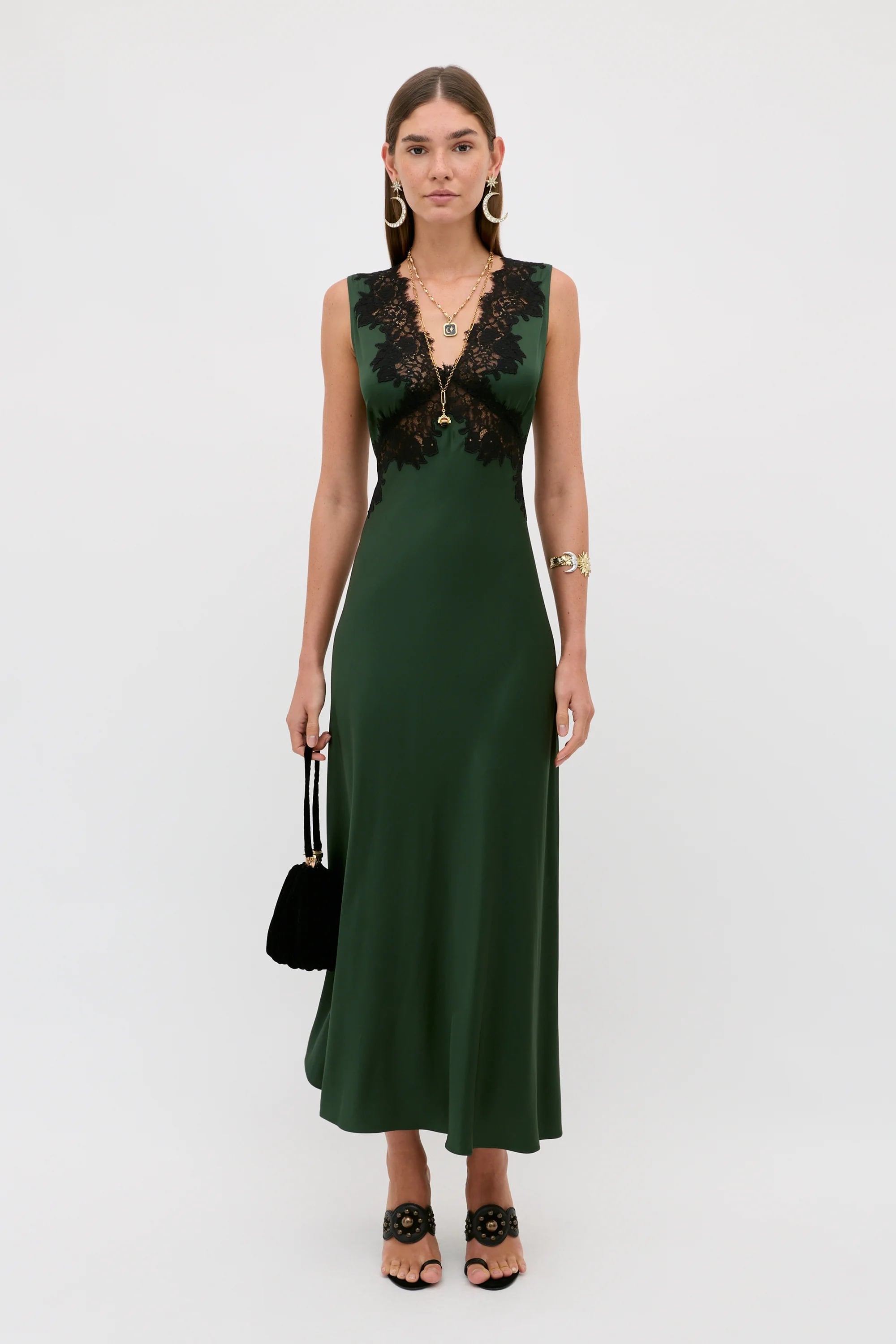 RIXO Lysandra Satin Midi Dress in Deep Green