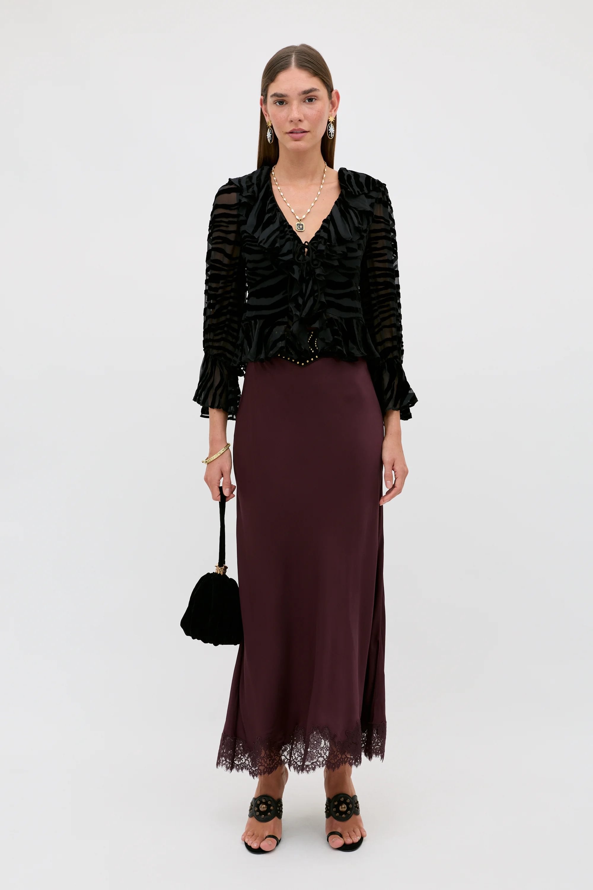 RIXO Matilde Skirt in Wine
