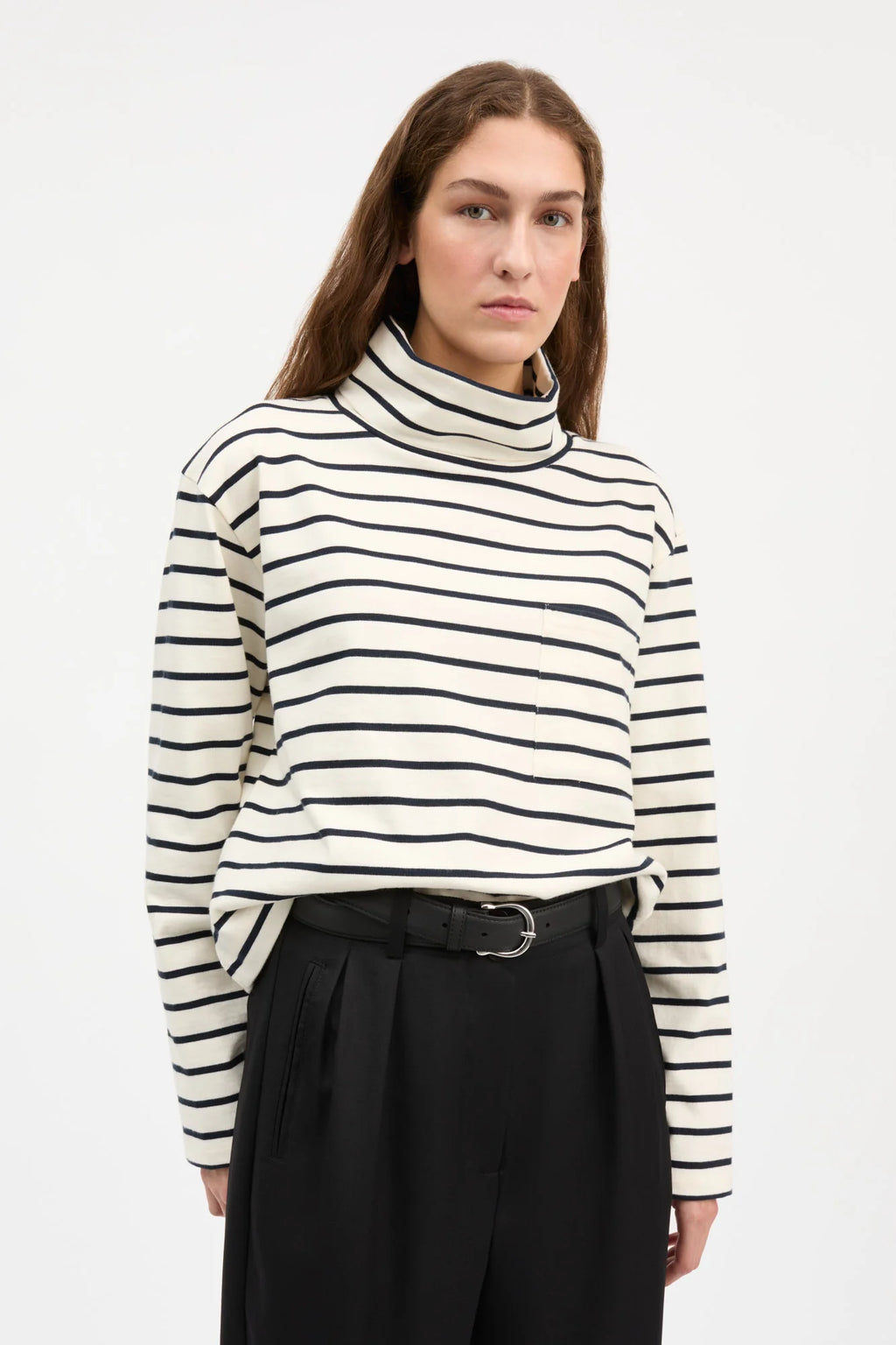 Skall Nessa T Neck Blouse in Ecru/Navy Stripe