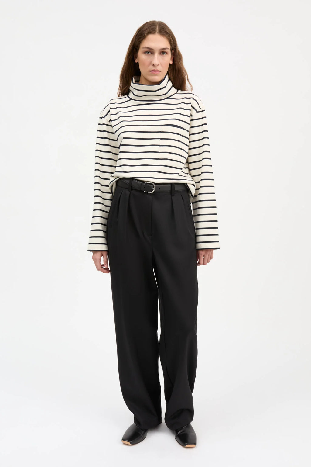 Skall Nessa T Neck Blouse in Ecru/Navy Stripe