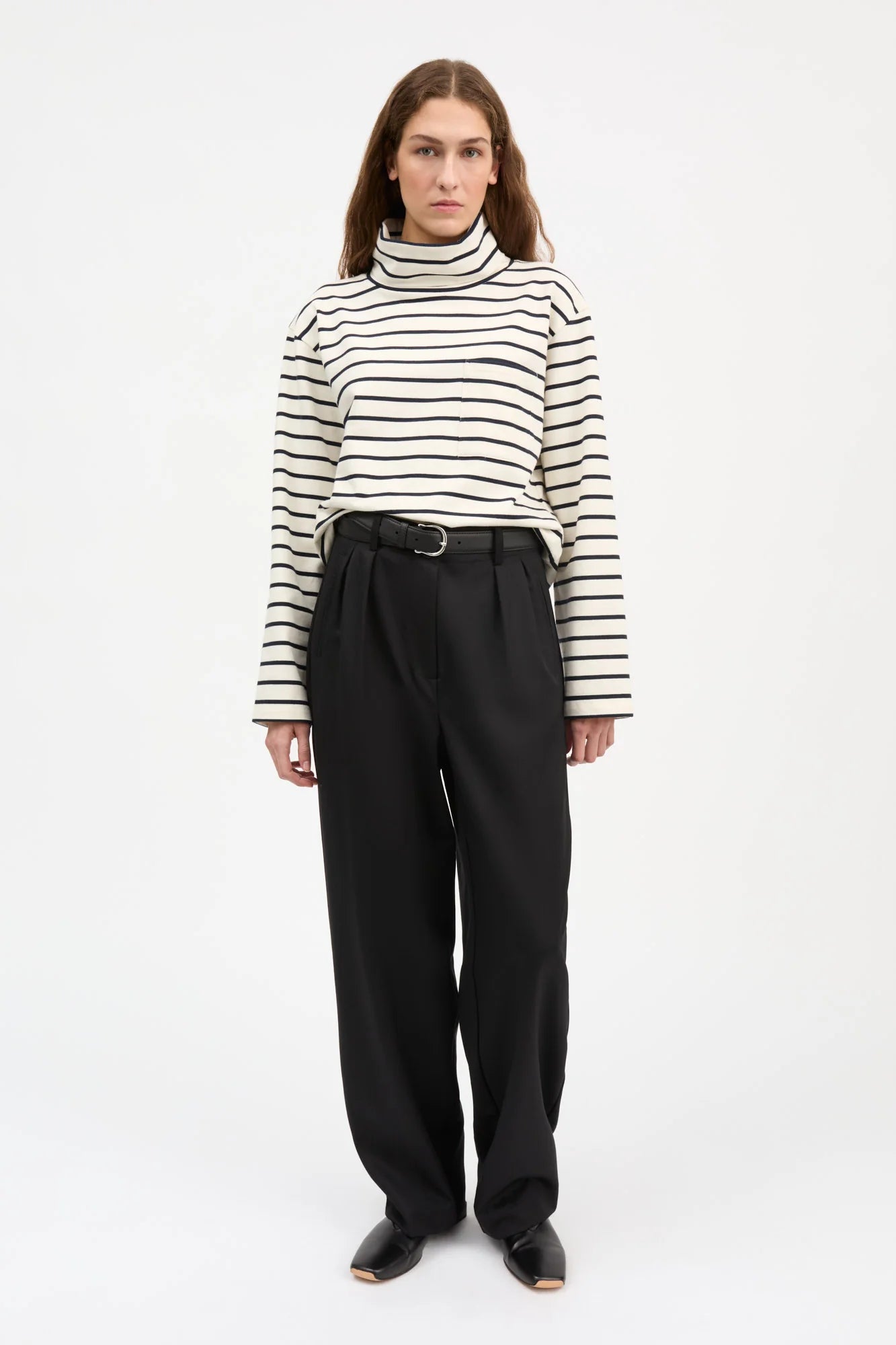 Skall Nessa T Neck Blouse in Ecru/Navy Stripe