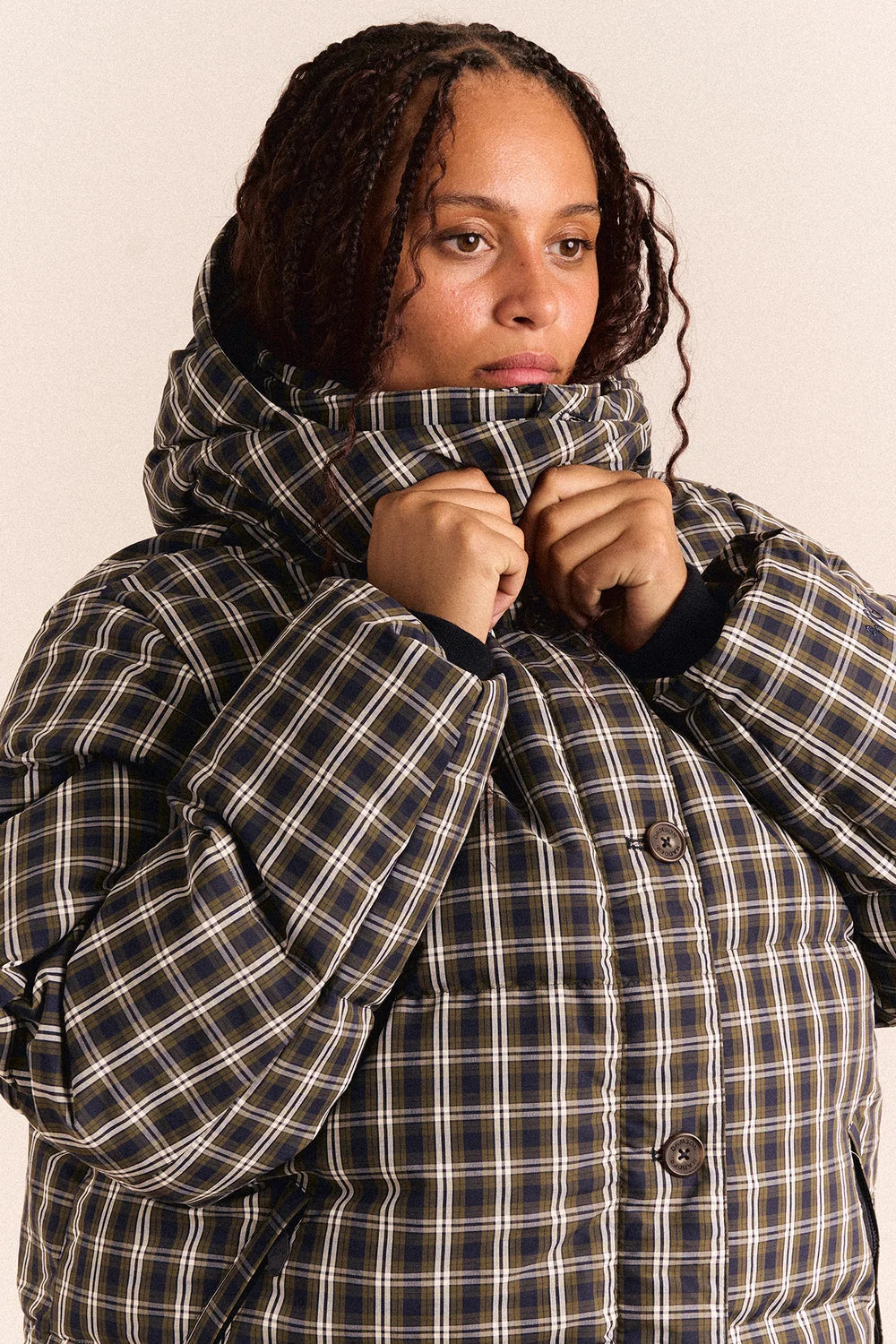 Damson Madder Pearl Hooded Puffer in Lyra Check