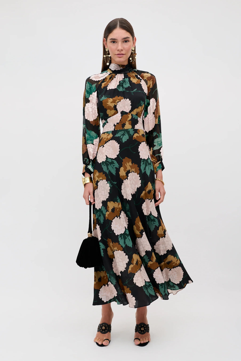 RIXO Paige Silk Dress in Hydrangea Floral Charcoal