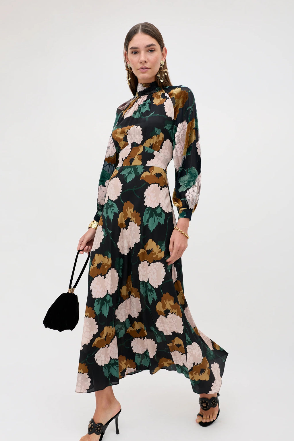 RIXO Paige Silk Dress in Hydrangea Floral Charcoal