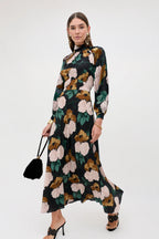 RIXO Paige Silk Dress in Hydrangea Floral Charcoal