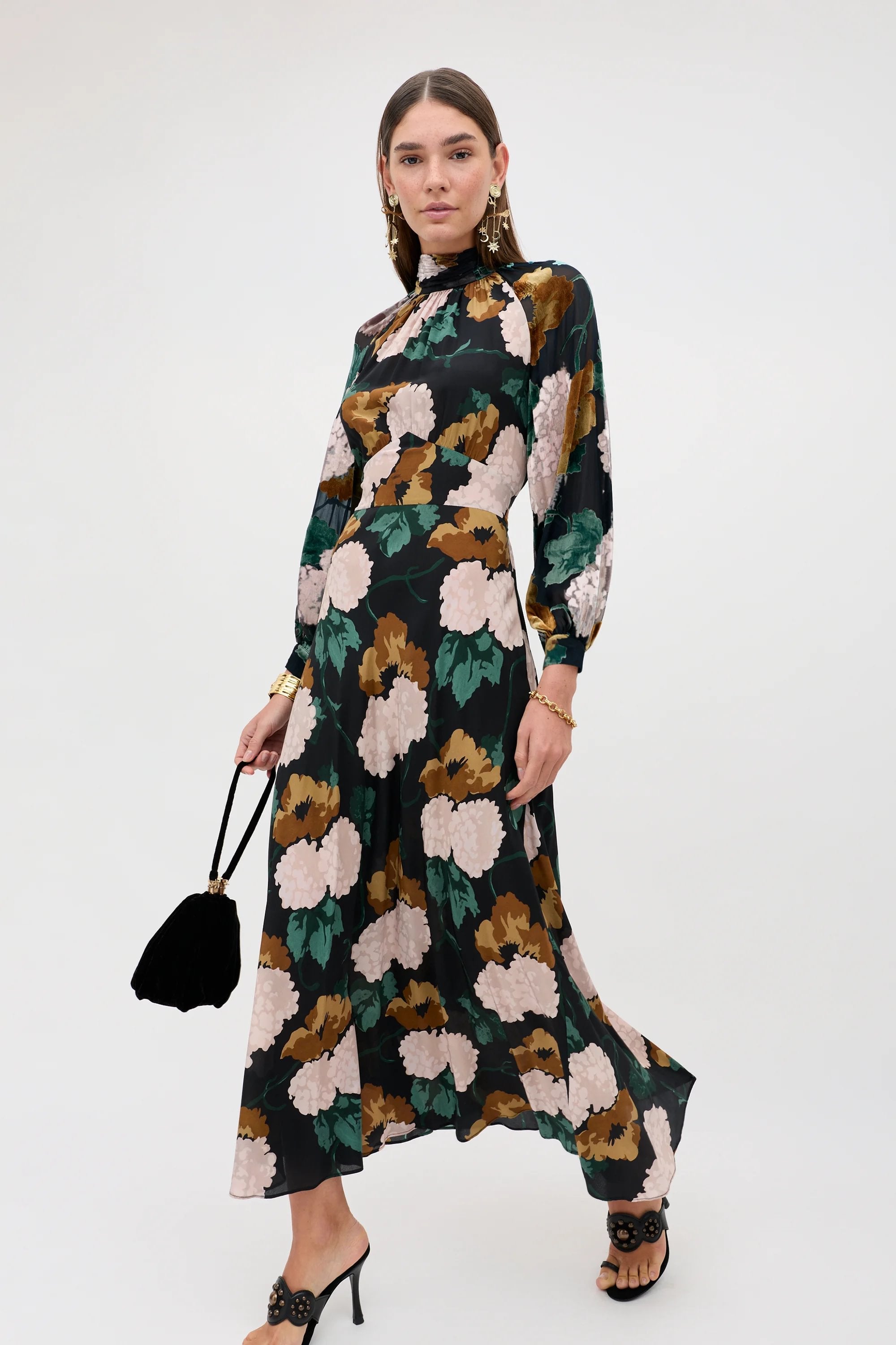 RIXO Paige Silk Dress in Hydrangea Floral Charcoal