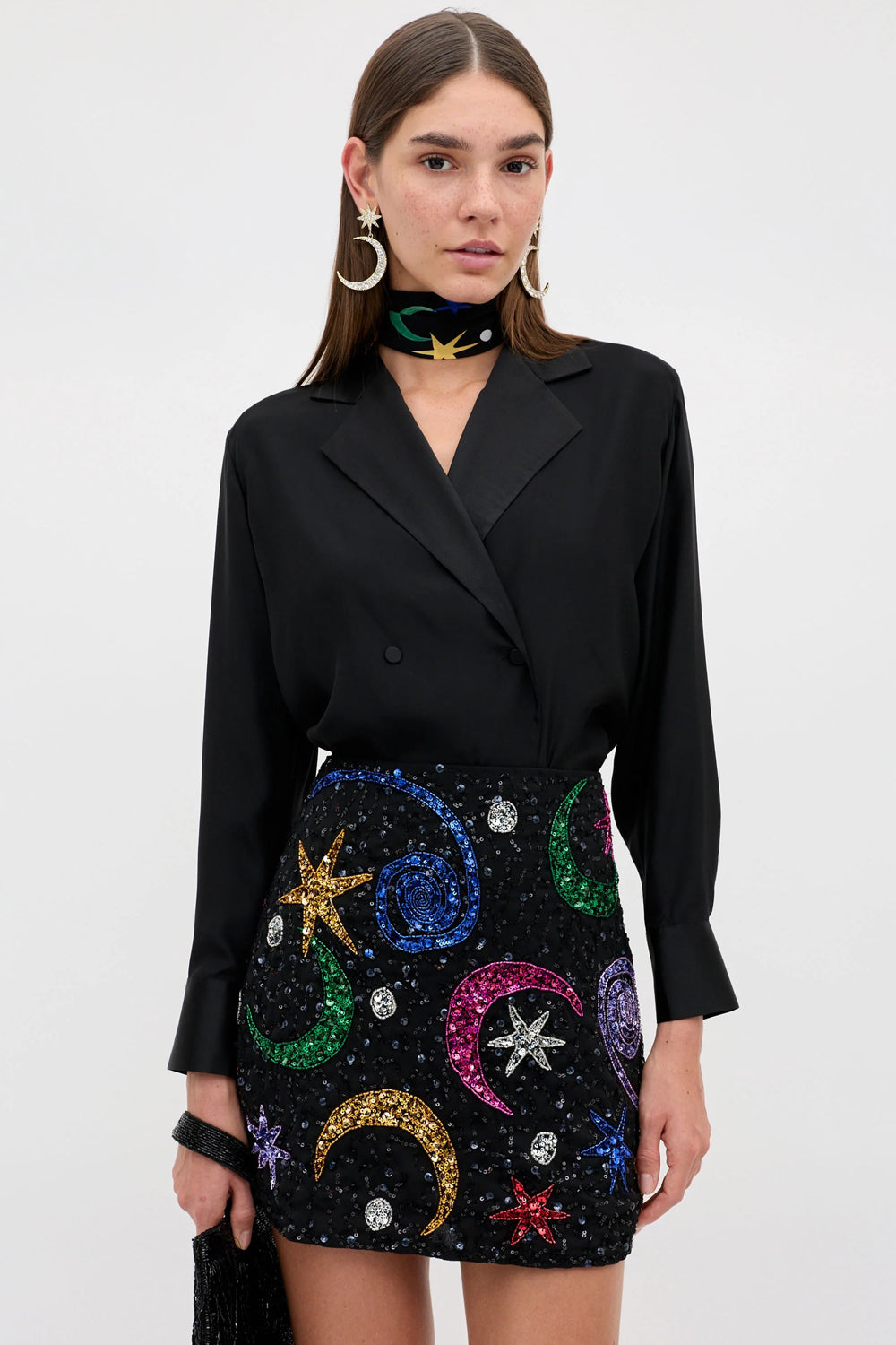 RIXO Minna Skirt Starry Moon Embellishment in Black