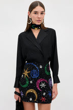 RIXO Minna Skirt Starry Moon Embellishment in Black