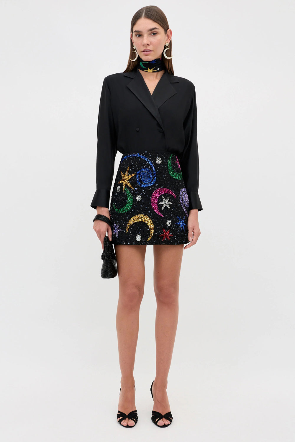 RIXO Minna Skirt Starry Moon Embellishment in Black