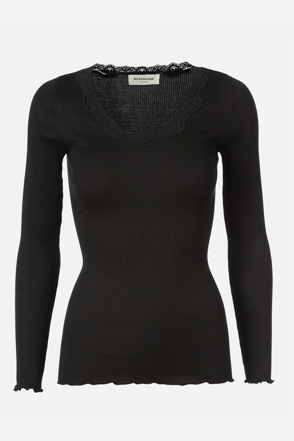 Rosemunde Babette Silk Long Sleeve U-Neck Lace T-Shirt in Black
