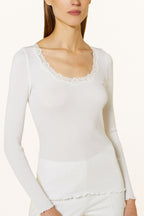 Rosemunde Babette Silk Long Sleeve U-Neck Lace T-Shirt in New White