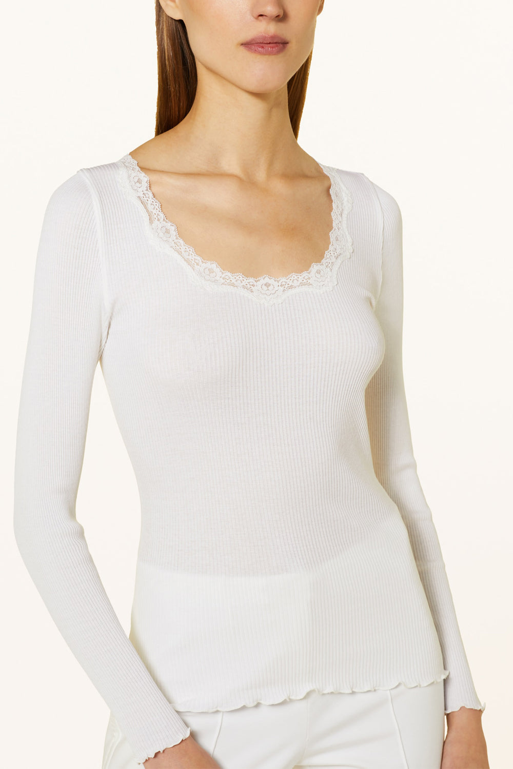 Rosemunde Babette Silk Long Sleeve U-Neck Lace T-Shirt in New White