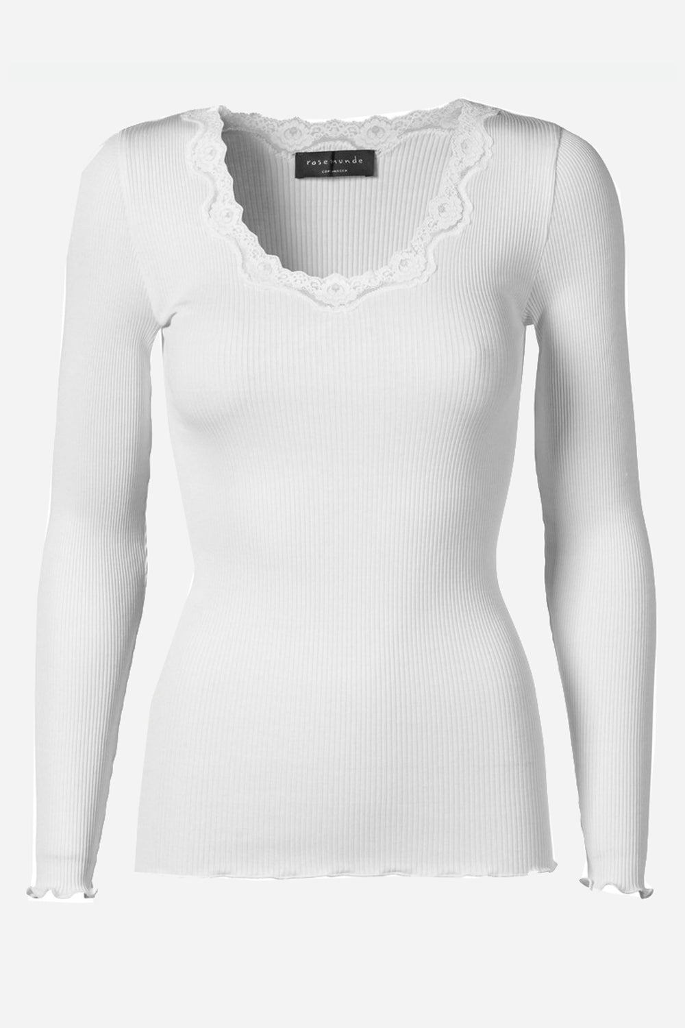 Rosemunde Babette Silk Long Sleeve U-Neck Lace T-Shirt in New White