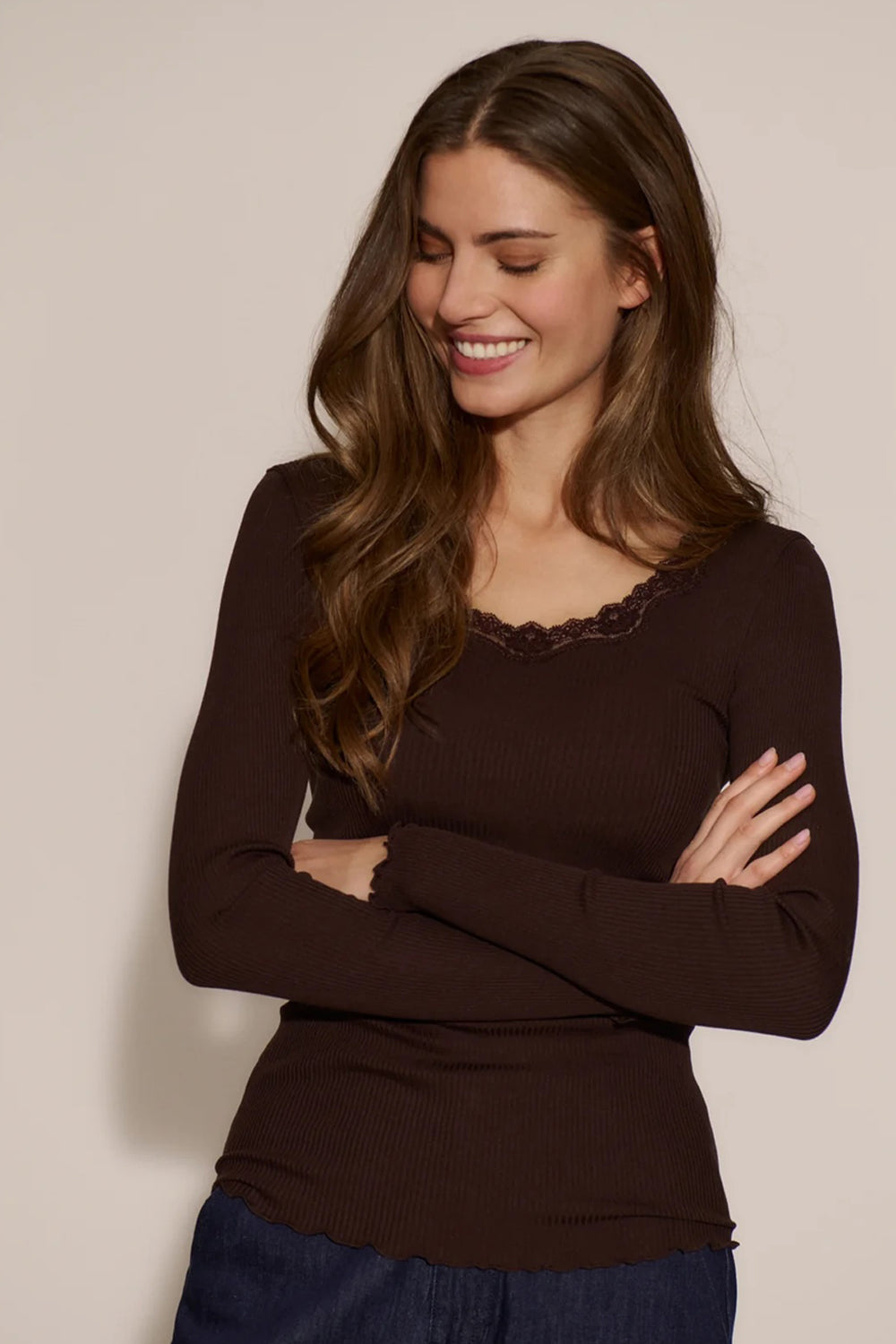 Rosemunde Babette Silk Long Sleeve U-Neck T-Shirt in Mole