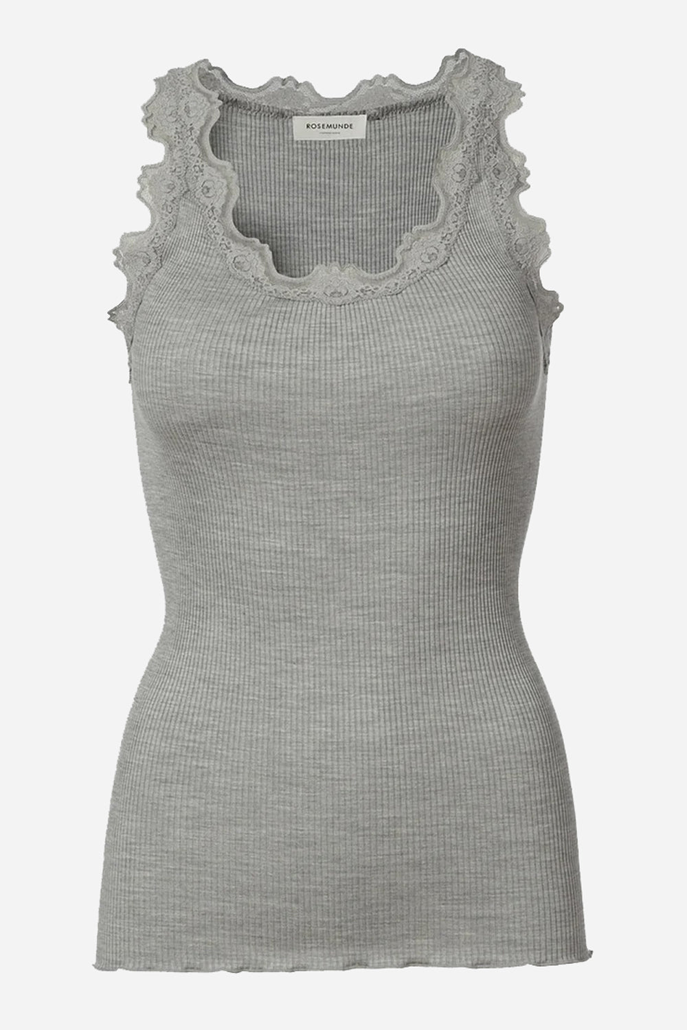 Rosemunde Babette Silk Short Sleeve U-Neck Lace Top in Light Grey Melange