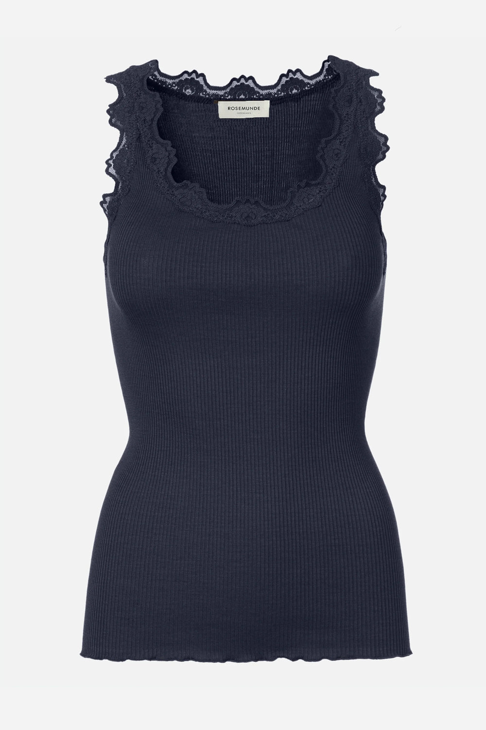 Rosemunde Babette Silk Short Sleeve U-Neck Lace Top in Navy