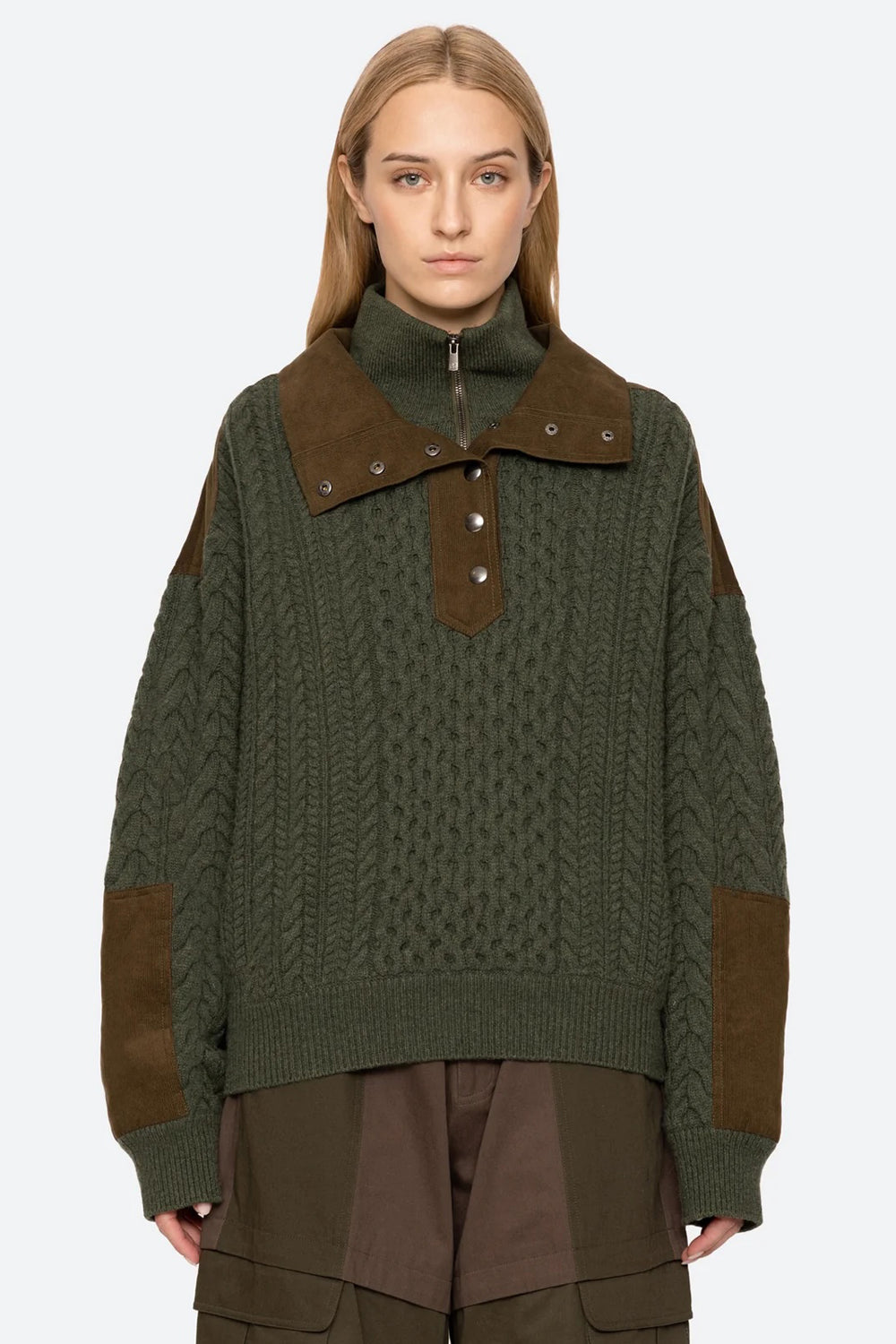 Sea NY Allen Cable Half Zip Double Layer Sweater in Green