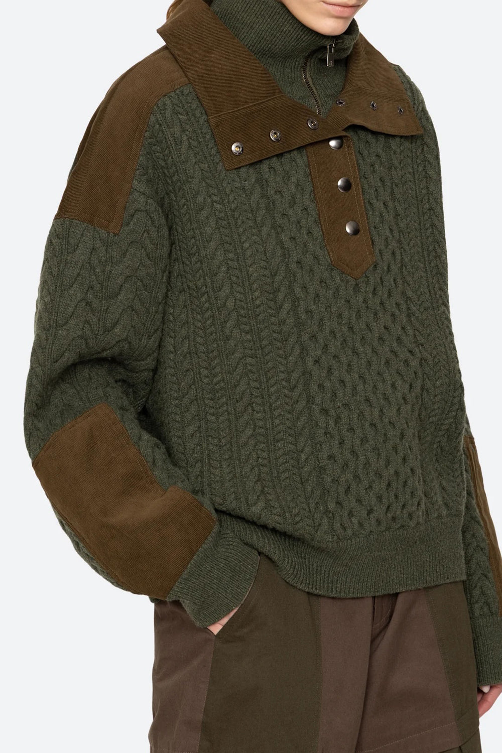 Sea NY Allen Cable Half Zip Double Layer Sweater in Green