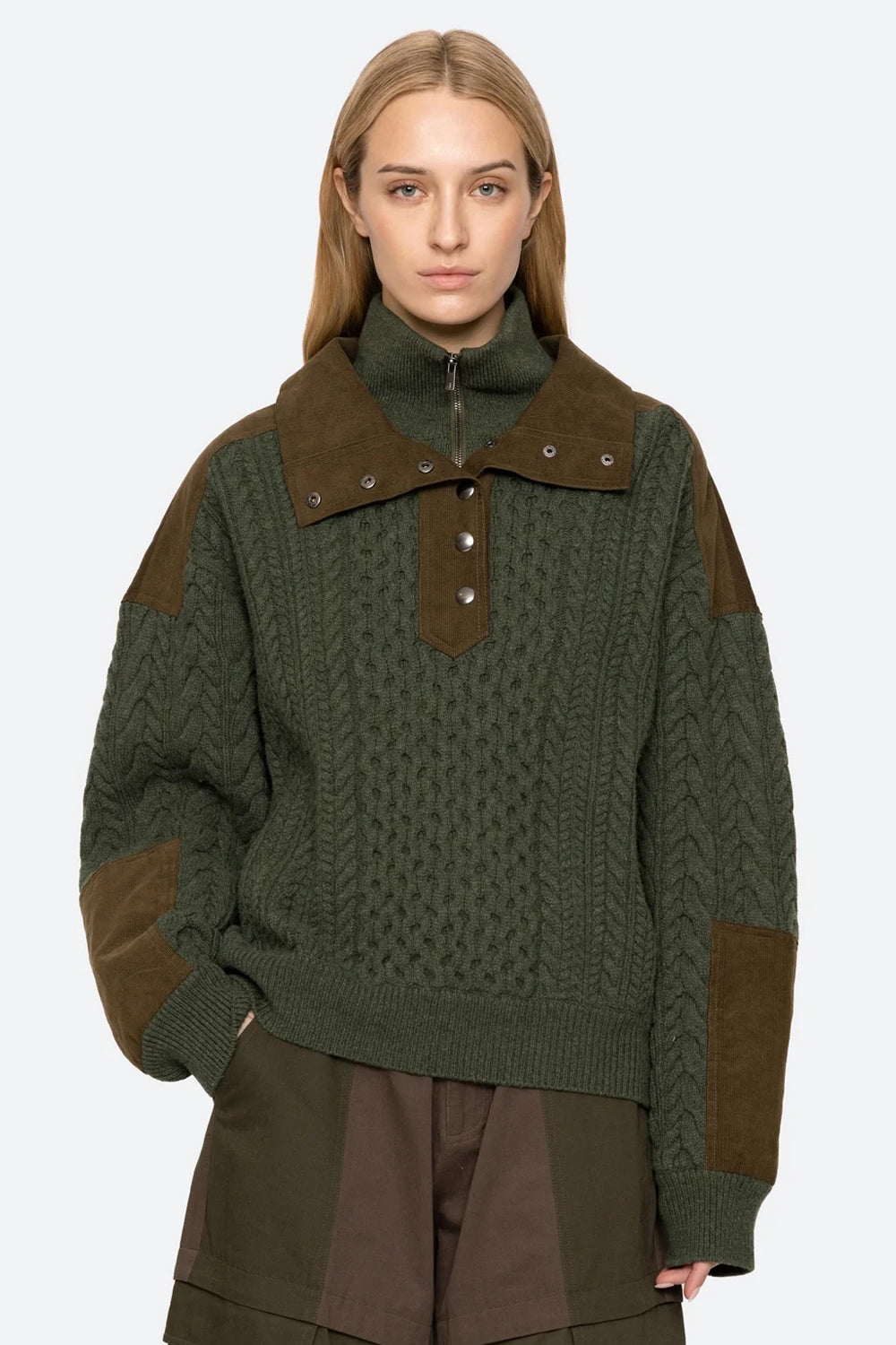 Sea NY Allen Cable Half Zip Double Layer Sweater in Green