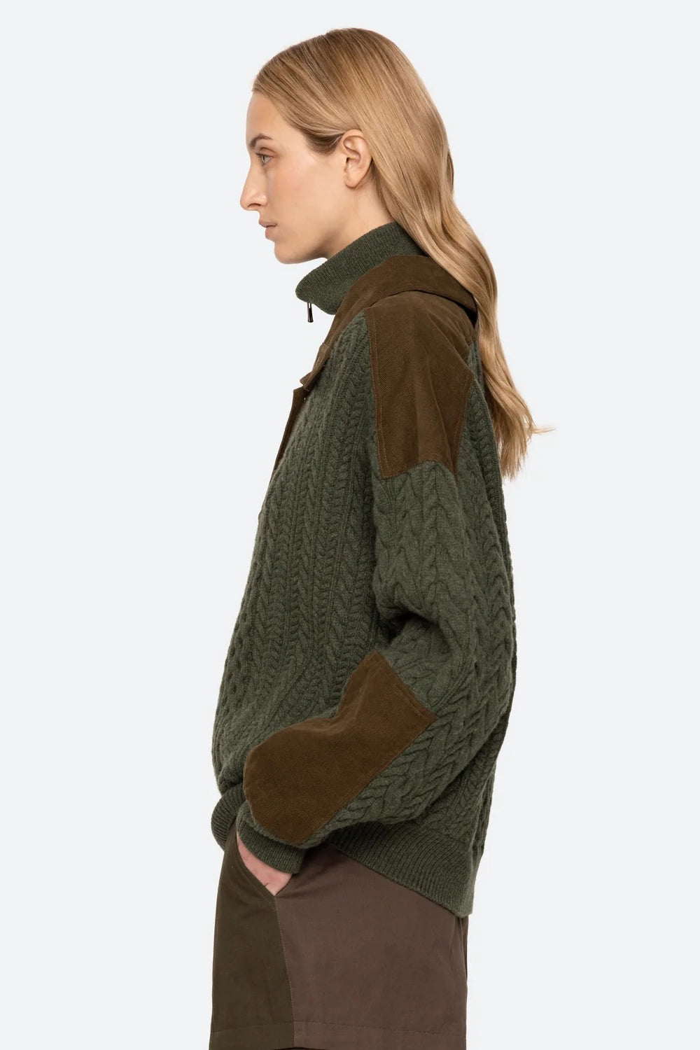 Sea NY Allen Cable Half Zip Double Layer Sweater in Green