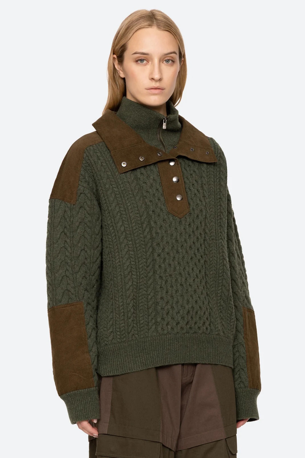Sea NY Allen Cable Half Zip Double Layer Sweater in Green