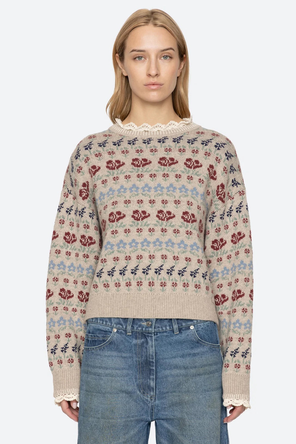 Sea NY Preston Knit Crew Neck Sweater in Cream