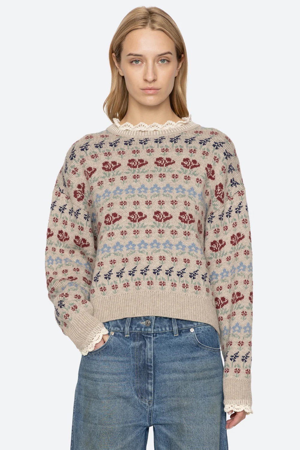Sea NY Preston Knit Crew Neck Sweater in Cream