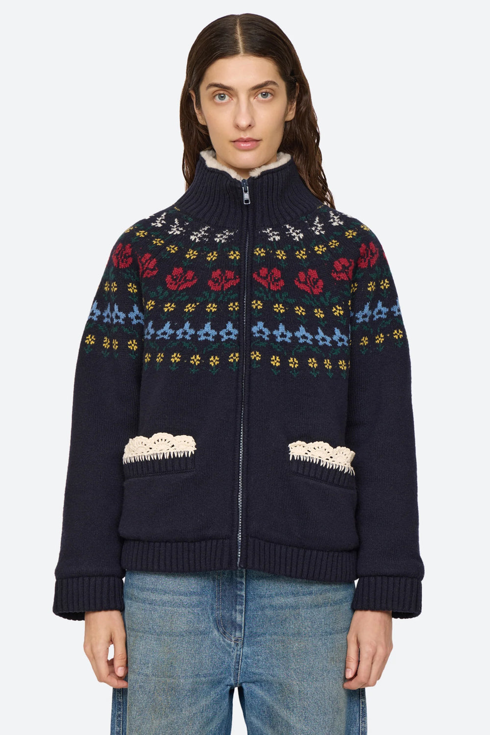 Sea NY Preston Knit Sherpa Lined Jacket in Navy