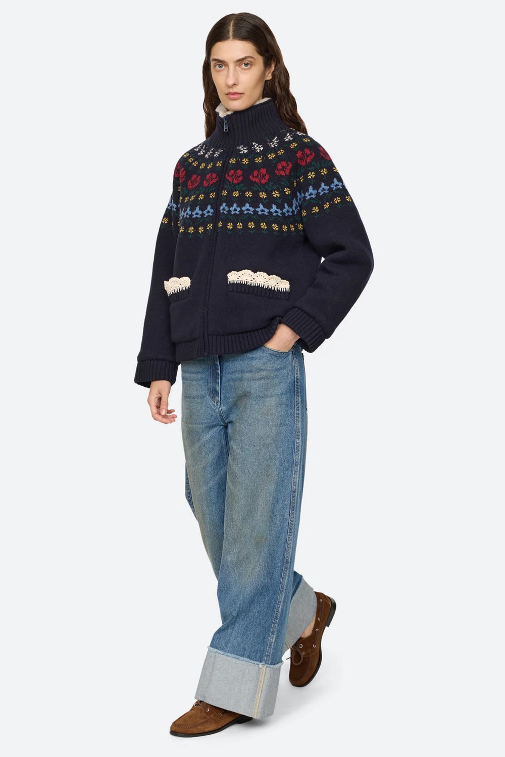 Sea NY Preston Knit Sherpa Lined Jacket in Navy
