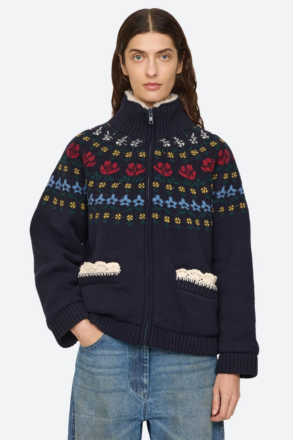 Sea NY Preston Knit Sherpa Lined Jacket in Navy