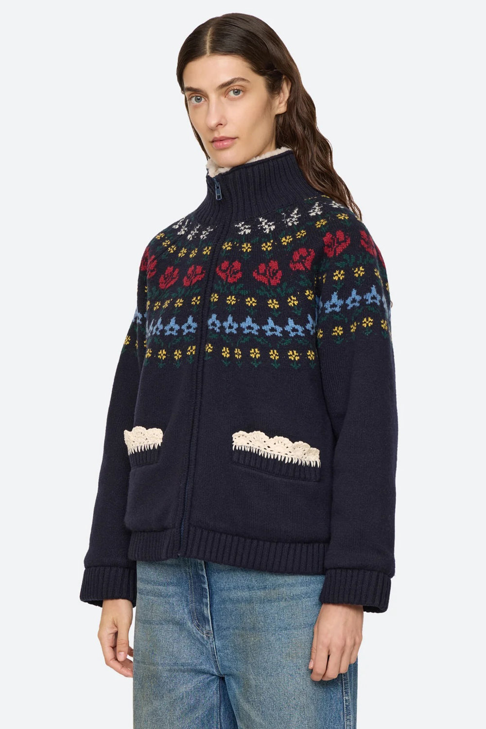 Sea NY Preston Knit Sherpa Lined Jacket in Navy