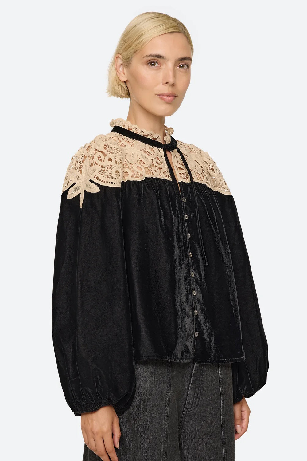Sea NY Shiloh Embroidered Long Sleeve Top in Black