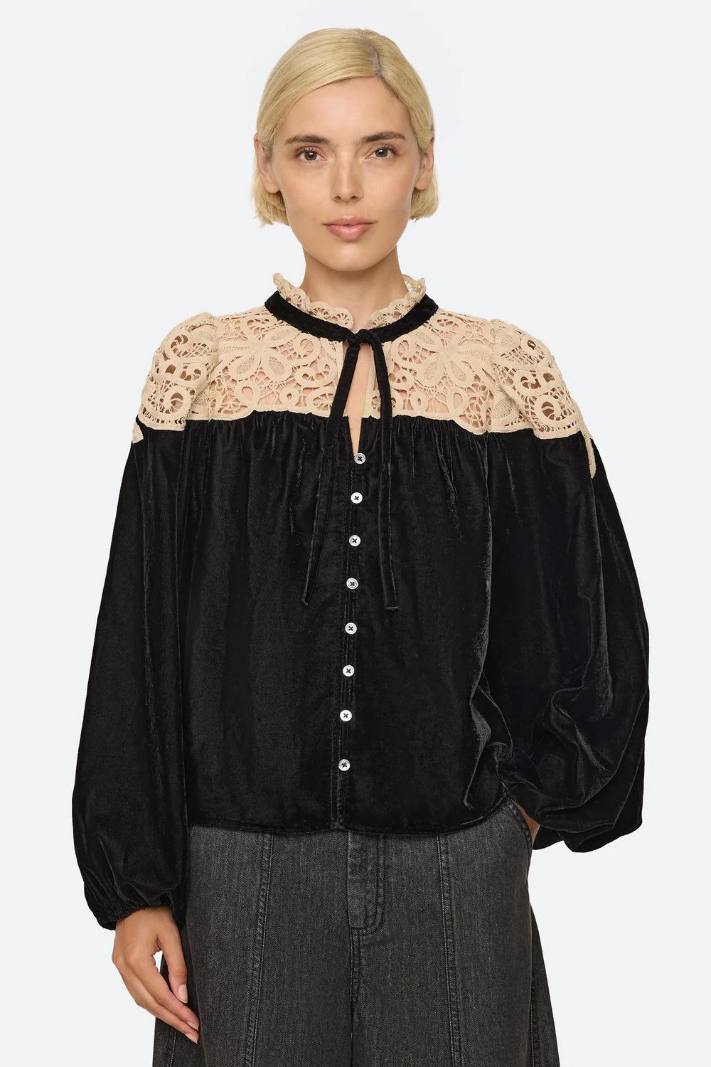 Sea NY Shiloh Embroidered Long Sleeve Top in Black