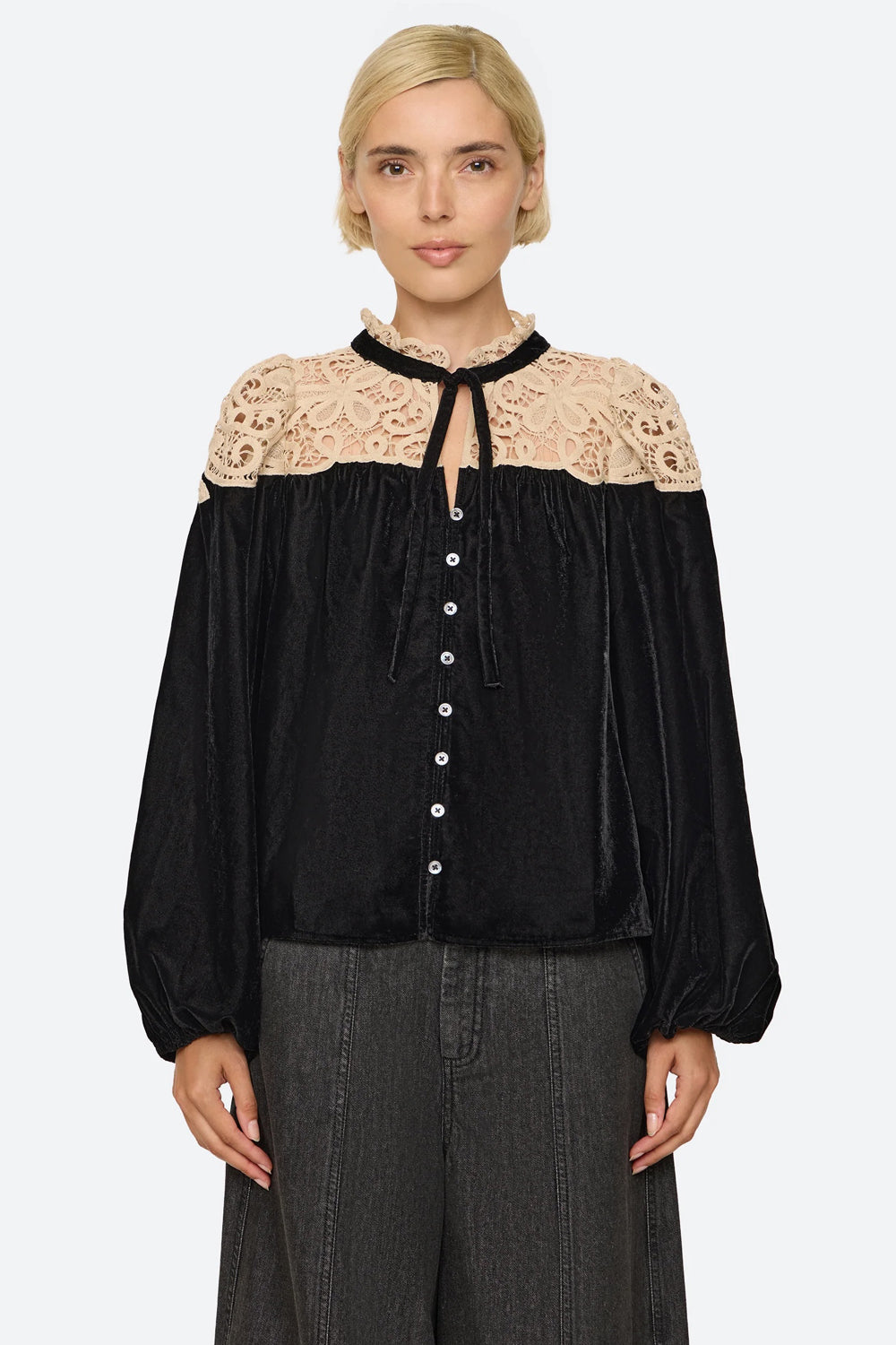 Sea NY Shiloh Embroidered Long Sleeve Top in Black