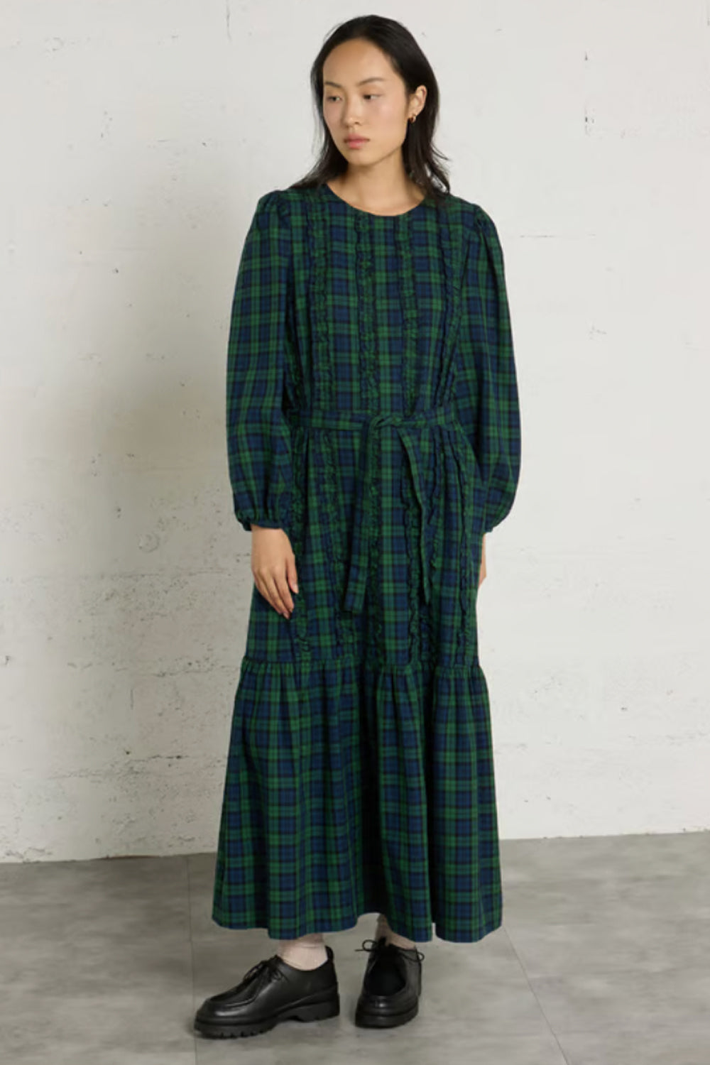 The Tiny Big Sister Green Check Frills Dress in Light Navy
