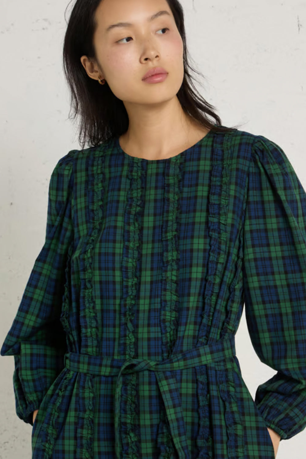 The Tiny Big Sister Green Check Frills Dress in Light Navy