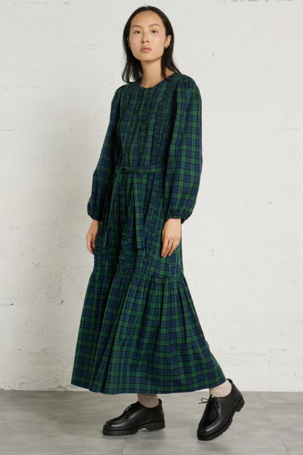 The Tiny Big Sister Green Check Frills Dress in Light Navy