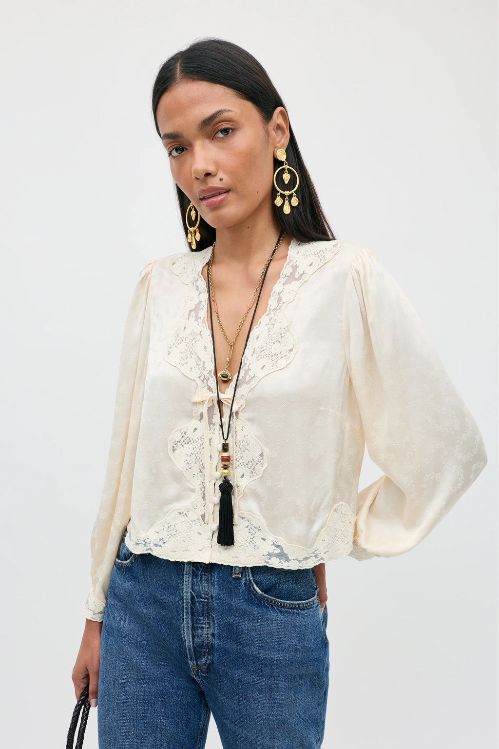 RIXO Tove Top in Floral Trail Jacquard Champagne
