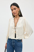 RIXO Tove Top in Floral Trail Jacquard Champagne