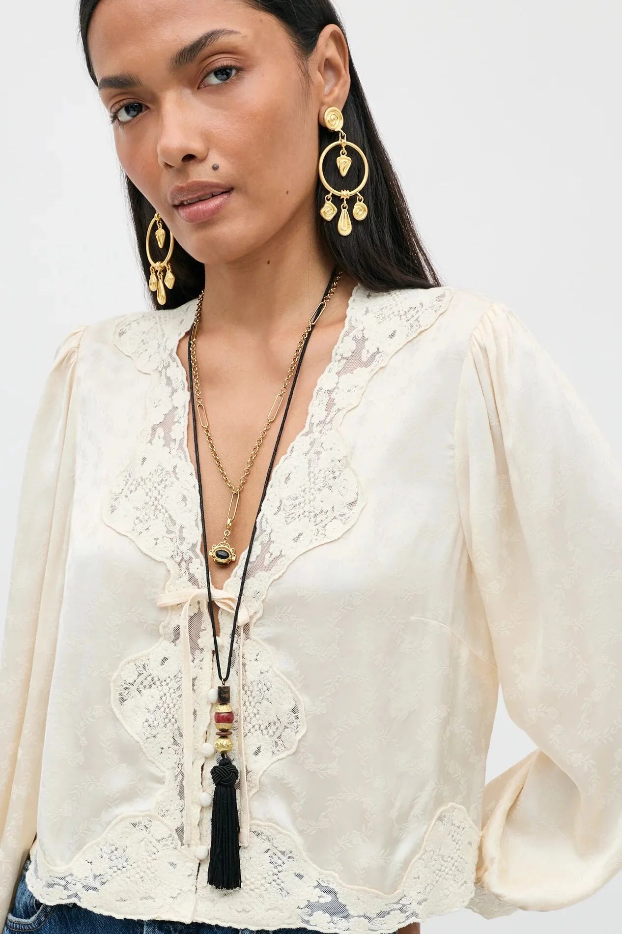 RIXO Tove Top in Floral Trail Jacquard Champagne