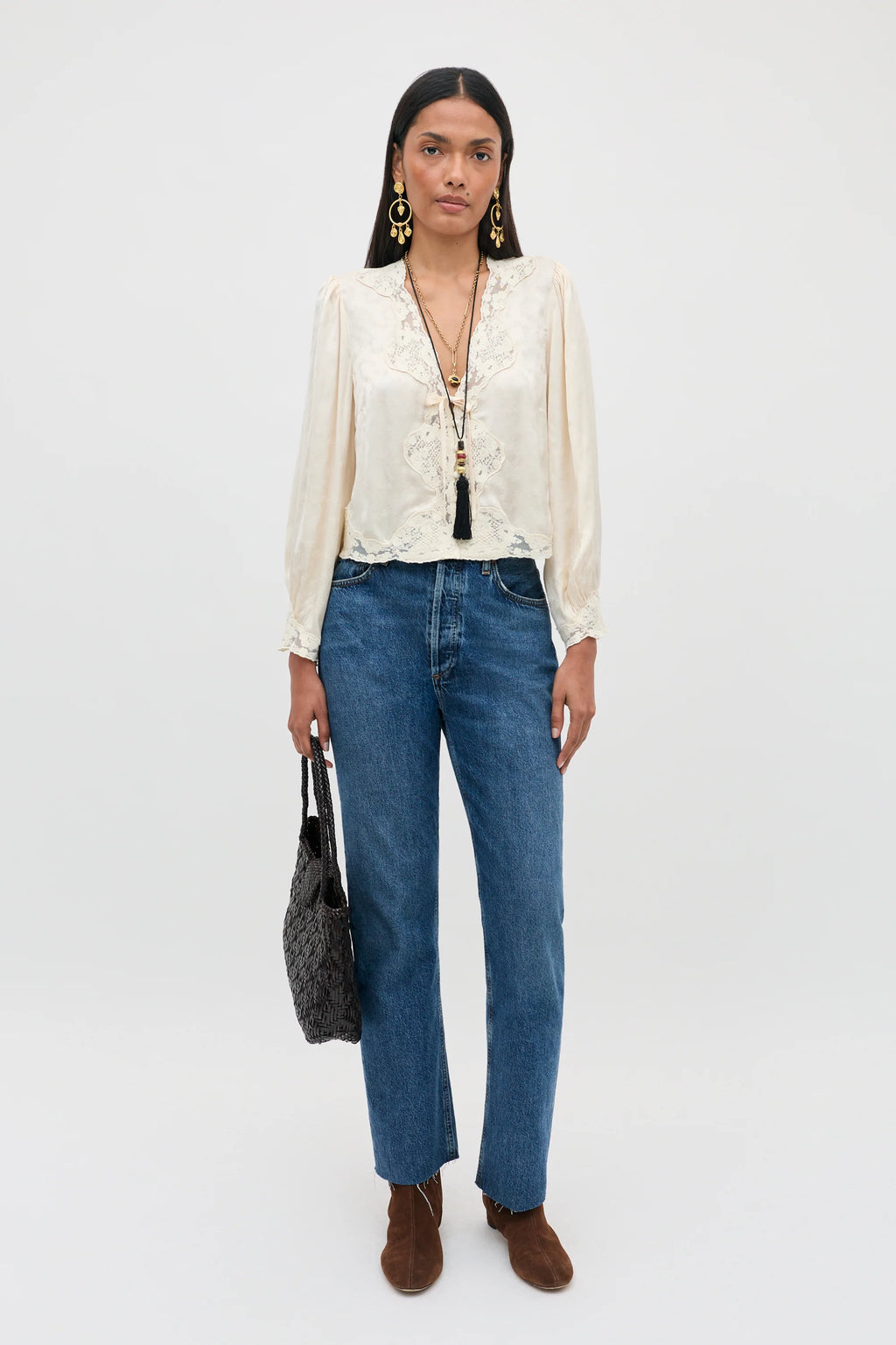 RIXO Tove Top in Floral Trail Jacquard Champagne