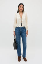 RIXO Tove Top in Floral Trail Jacquard Champagne
