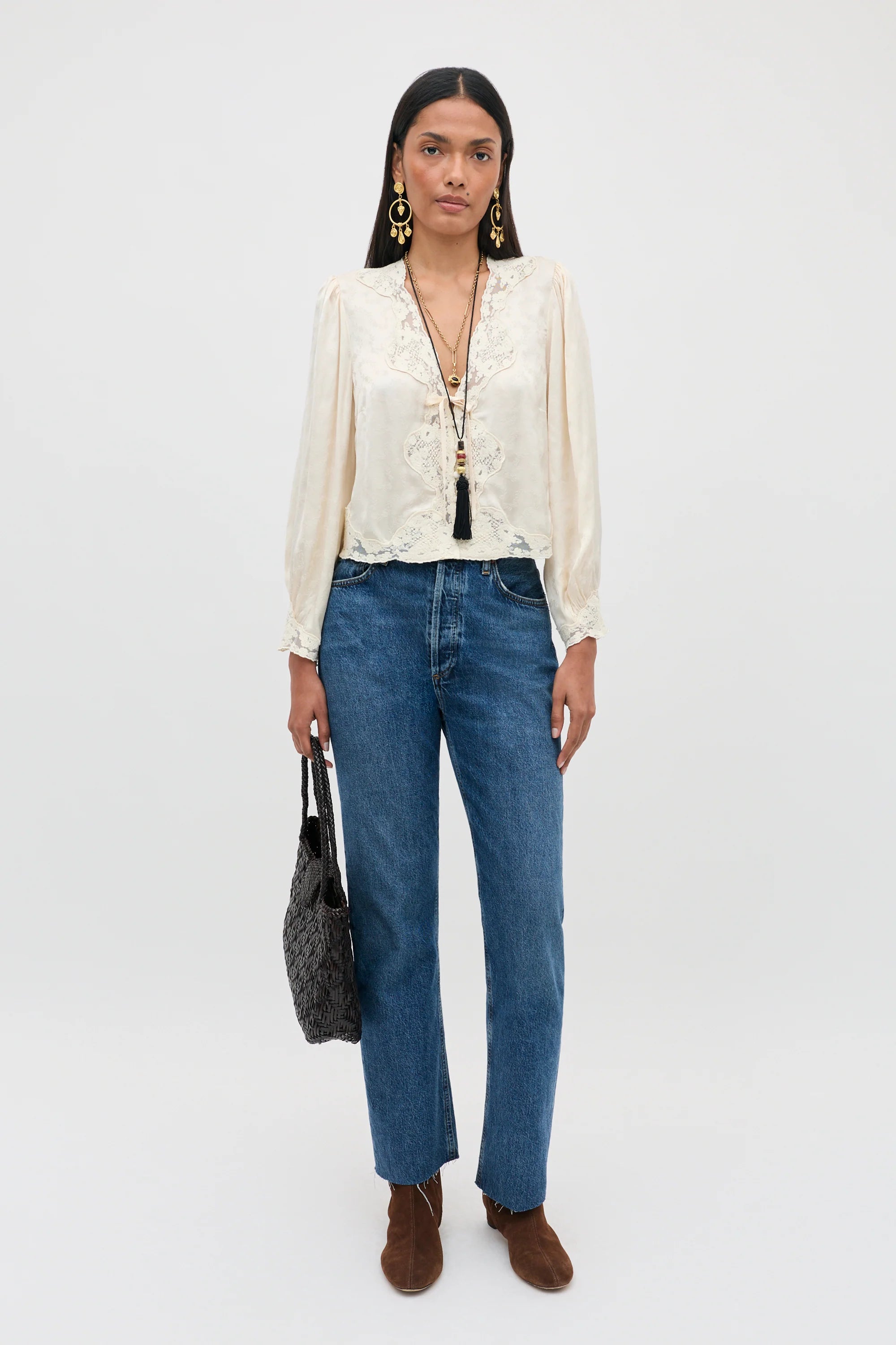 RIXO Tove Top in Floral Trail Jacquard Champagne