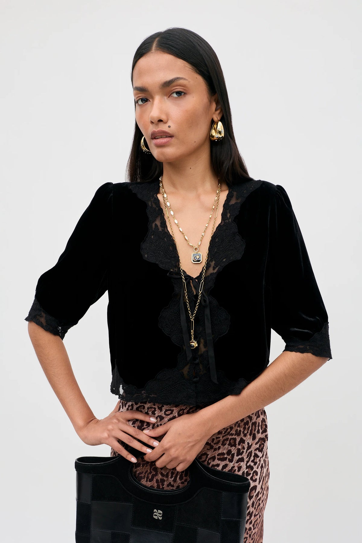 RIXO Ursula Silk-Velvet Top in Black