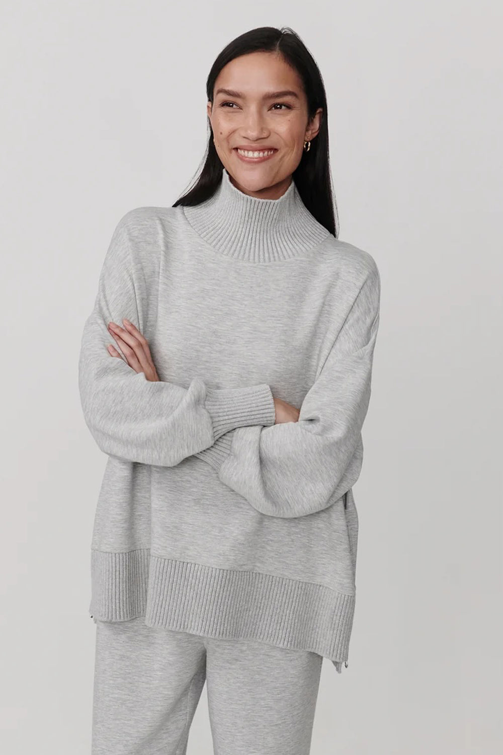 Varley Barker High Neck Sweat in Light Grey Marl