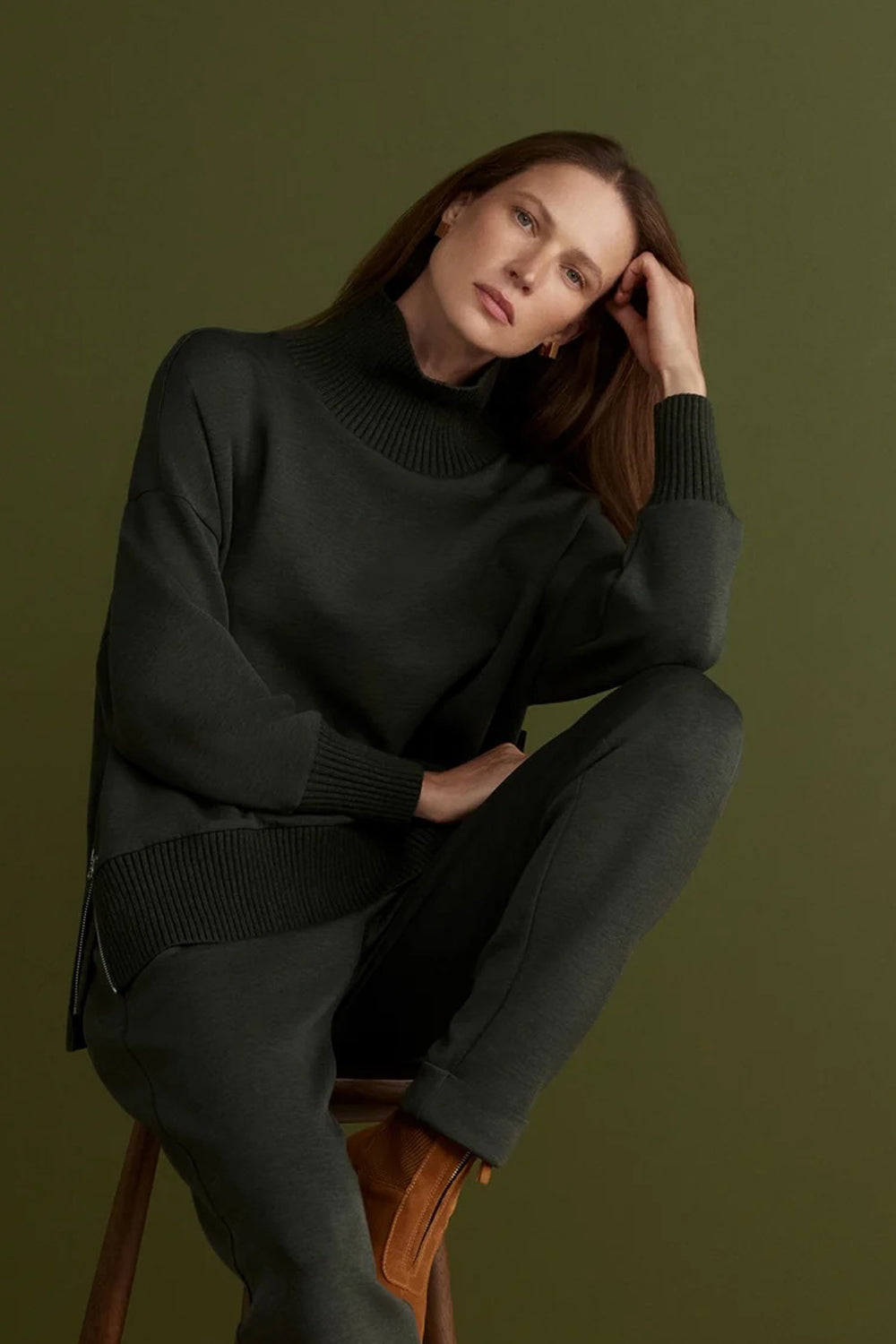 Varley Barker High Neck Sweatshirt in Olive Marl